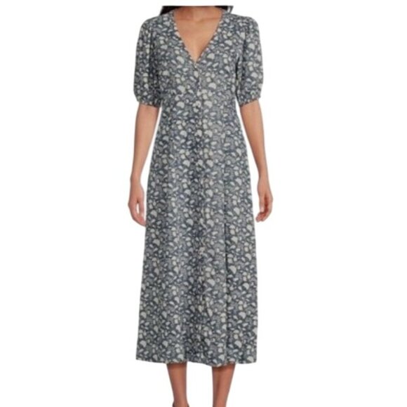 FAHERTY Havana Prairie puff sleeve Linen midi Dress size M Indigo Echo Floral - Picture 1 of 13